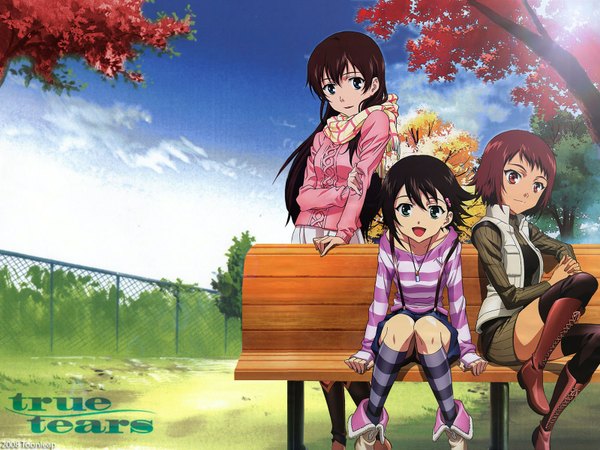Anime picture 1600x1200 with true tears isurugi noe yuasa hiromi ando aiko long hair short hair open mouth black hair red eyes brown hair standing sitting multiple girls red hair black eyes copyright name girl plant (plants) tree (trees) boots