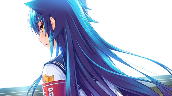 Anime picture 1280x720 with tsuyokiss next single long hair blush open mouth simple background wide image white background yellow eyes blue hair game cg girl uniform serafuku
