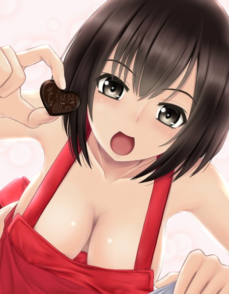 Anime picture 700x900 with original touka (nonaka ritsu) nonaka ritsu single tall image looking at viewer short hair breasts open mouth light erotic black hair brown eyes valentine girl food sweets apron chocolate