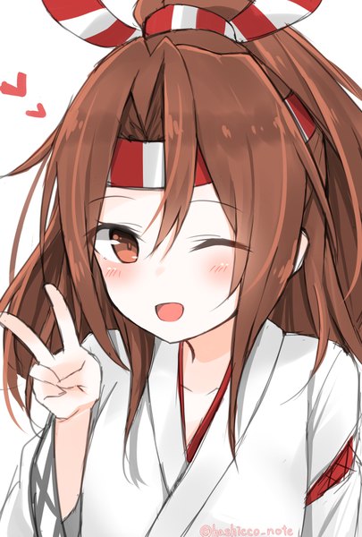 Anime picture 1378x2039 with kantai collection zuihou light aircraft carrier hashiko no woto single long hair tall image looking at viewer blush open mouth brown hair brown eyes signed upper body ponytail traditional clothes japanese clothes one eye closed wink twitter username victory