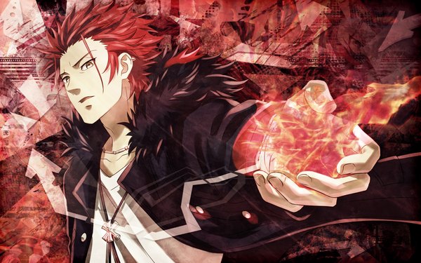 Anime picture 1280x800 with k-project gohands (studio) mikoto suoh umi-no-mizu single short hair wide image yellow eyes looking away red hair open clothes open jacket boy pendant fire