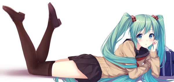Anime picture 2268x1080 with vocaloid hatsune miku caidychen single looking at viewer highres simple background wide image white background twintails very long hair aqua eyes aqua hair girl thighhighs skirt black thighhighs miniskirt serafuku