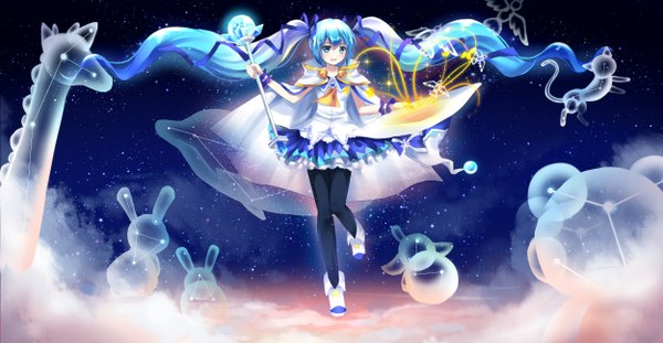 Anime picture 2500x1298 with vocaloid hatsune miku moyu single looking at viewer highres open mouth smile wide image twintails very long hair aqua eyes aqua hair constellation zodiac girl thighhighs dress skirt black thighhighs