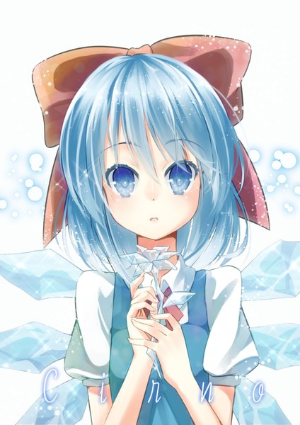 Anime picture 1191x1684 with touhou cirno tika (mika4975) single tall image looking at viewer blush short hair open mouth blue eyes blue hair character names portrait girl dress flower (flowers) bow hair bow wings ice
