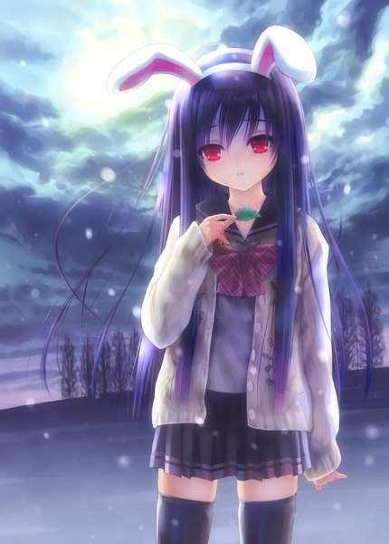 Anime picture 3031x4229 with original goto p single long hair tall image highres red eyes absurdres purple hair cloud (clouds) bunny ears girl thighhighs bow black thighhighs plant (plants) tree (trees) serafuku