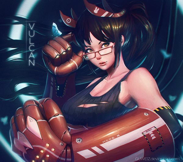 Anime picture 900x798 with guweiz single looking at viewer fringe short hair breasts black hair large breasts yellow eyes lips girl weapon glasses huge weapon