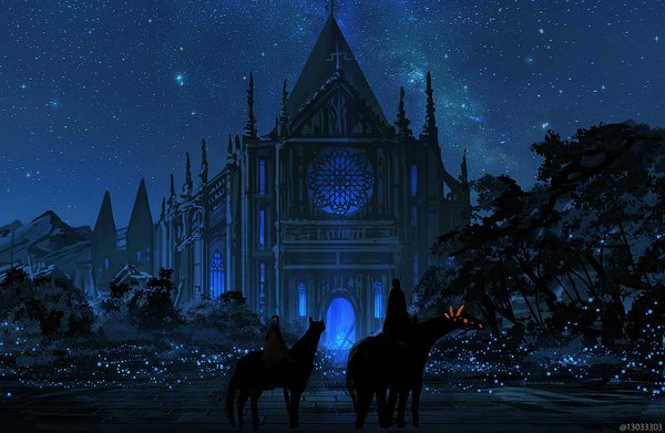 Anime picture 1354x883 with original arizuka (13033303) signed night night sky watermark silhouette milky way plant (plants) animal tree (trees) insect building (buildings) star (stars) cloak tiles fireflies bushes horse stained glass