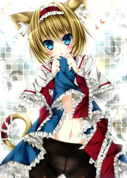 Anime picture 714x1000 with touhou alice margatroid ojitcha single tall image looking at viewer blush short hair open mouth blue eyes light erotic blonde hair animal ears tail animal tail cat ears cat girl cat tail skirt lift girl
