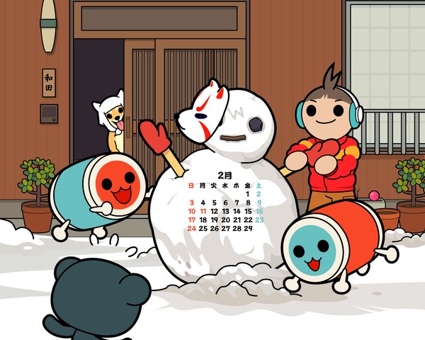 Anime picture 1280x1024 with taiko no tatsujin looking at viewer smile standing outdoors arm up snow mask on head boy plant (plants) animal tongue building (buildings) mask potted plant dog house fox mask calendar snowman