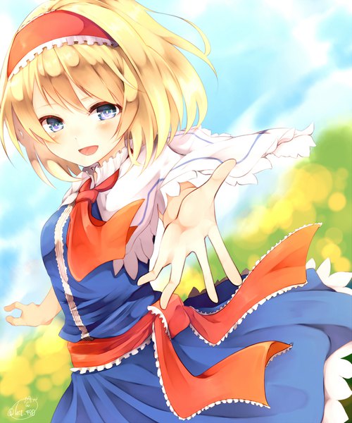 Anime picture 1665x2000 with touhou alice margatroid chita (ketchup) single tall image looking at viewer blush fringe short hair breasts open mouth blue eyes blonde hair smile signed sky blurry dutch angle depth of field outstretched arm