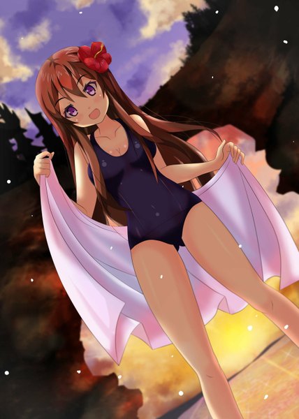 Anime picture 1024x1435 with pocolla (artist) single long hair tall image blush open mouth light erotic brown hair bare shoulders looking away sky cloud (clouds) pink eyes hair flower from below dutch angle snowing girl hair ornament flower (flowers)