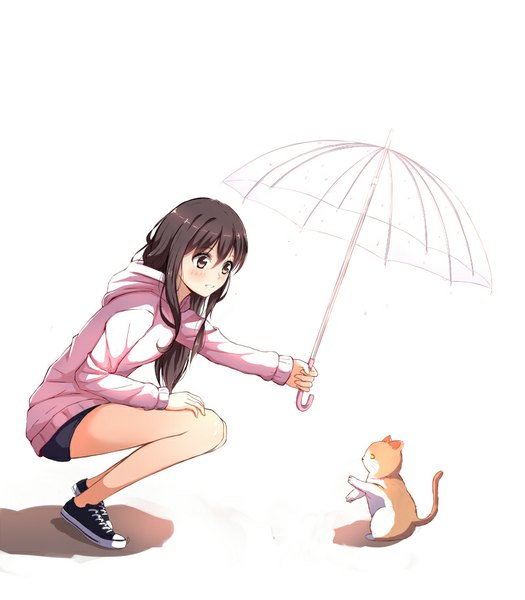 Anime picture 800x914 with original liu guniang long hair tall image blush fringe black hair simple background white background brown eyes parted lips shadow outstretched arm squat walking hand on knee transparent umbrella girl animal shoes