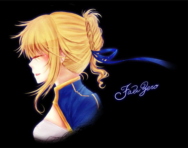 Anime picture 1287x1014 with fate (series) fate/stay night fate/zero studio deen type-moon artoria pendragon (all) saber mokoppe single blush short hair simple background blonde hair eyes closed profile inscription black background girl ribbon (ribbons) hair ribbon