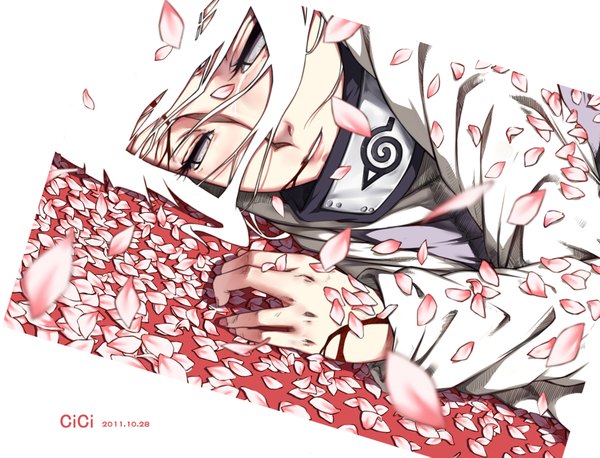 Anime picture 1880x1437 with naruto studio pierrot naruto (series) hyuuga hinata cici single highres open mouth white hair lying nail polish inscription grey eyes tears crying pink nail polish injury girl petals jacket