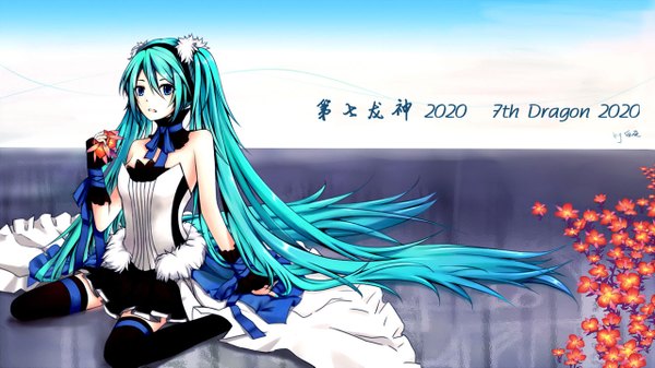 Anime picture 1280x719 with 7th dragon 7th dragon 2020 vocaloid hatsune miku wide image sitting twintails bare shoulders very long hair nail polish aqua eyes aqua hair girl thighhighs dress flower (flowers) bow