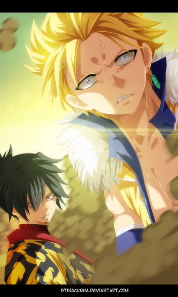 Anime picture 1855x3093 with fairy tail sting eucliffe rogue cheney stingcunha tall image highres short hair blue eyes black hair blonde hair red eyes sky sunlight multiple boys sleeveless grin coloring letterboxed smoke muscle