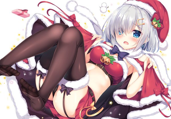 Anime picture 1106x770 with kantai collection hamakaze destroyer tomoo (tomo) single blush fringe short hair open mouth blue eyes light erotic silver hair hair over one eye sparkle alternate costume no shoes fur trim christmas girl thighhighs underwear