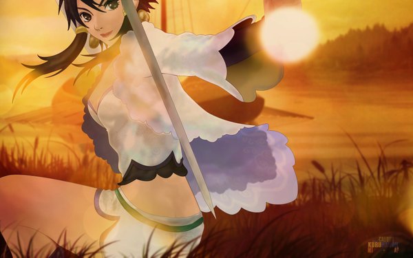 Anime picture 1920x1200 with soulcalibur xianghua highres black hair wide image black eyes girl plant (plants) shorts grass sun white shorts