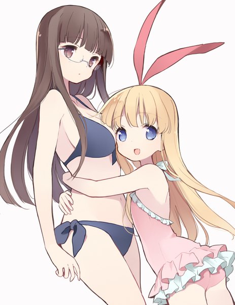 Anime picture 1500x1941 with saki amae koromo sawamura tomoki itsumi (itumiyuo) long hair tall image fringe breasts open mouth blue eyes light erotic simple background blonde hair brown hair white background multiple girls brown eyes blunt bangs hug girl