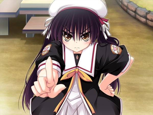 Anime picture 1024x768 with boku dake no mono single long hair blush black hair yellow eyes game cg girl uniform school uniform hat
