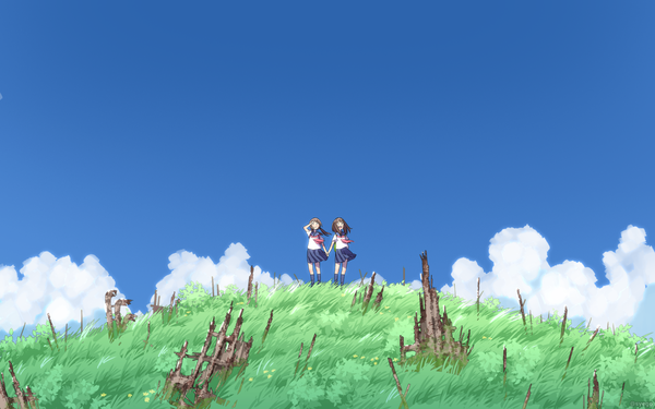 Anime picture 1920x1200 with original shapoco long hair highres short hair open mouth smile brown hair twintails multiple girls sky cloud (clouds) wind low twintails holding hands adjusting hair girl skirt uniform 2 girls