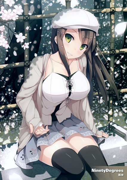 Anime picture 2484x3500 with original samegami single long hair tall image looking at viewer highres light erotic black hair smile sitting green eyes scan official art girl thighhighs dress flower (flowers) black thighhighs petals
