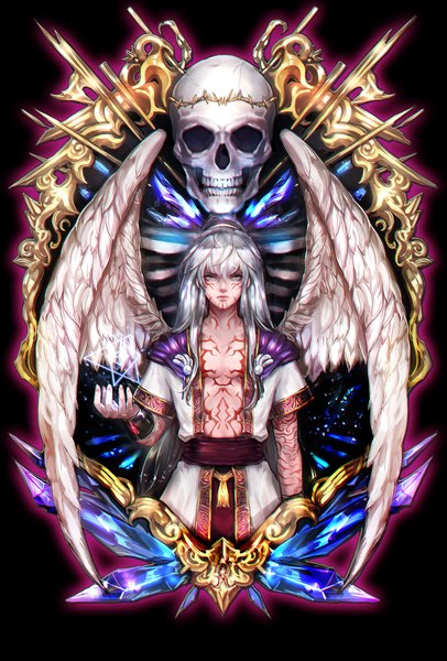 Anime picture 760x1121 with arcturus sizz ruck single long hair tall image fringe silver hair lips open clothes tattoo outstretched arm magic angel wings silver eyes white wings boy wings skull crystal