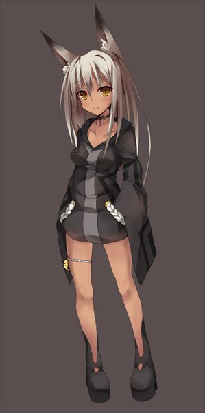 Anime picture 673x1350 with original kurokage single long hair tall image blush fringe breasts simple background standing brown eyes animal ears looking away grey hair fox ears fox girl hands in pockets brown background girl choker