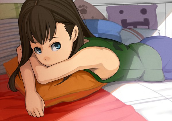 Anime picture 1023x723 with original rano single long hair fringe blue eyes brown hair bare shoulders looking away lying sleeveless on stomach girl pillow tank top