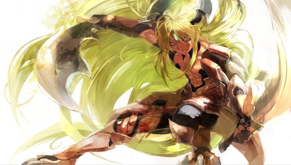 Anime picture 1419x807 with cardfight!! vanguard incandescent lion blond ezel ultimate asuka single long hair looking at viewer blonde hair red eyes wide image very long hair green hair boy gloves weapon armor knife dagger