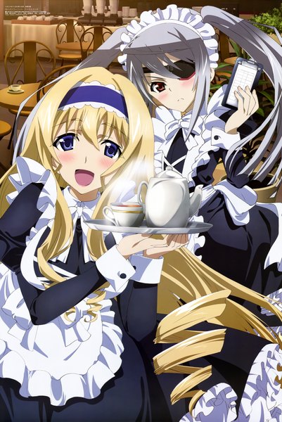 Anime picture 6070x9075 with infinite stratos megami magazine 8bit laura bodewig cecilia orcott long hair tall image looking at viewer blush highres open mouth blue eyes blonde hair red eyes twintails multiple girls absurdres silver hair official art maid