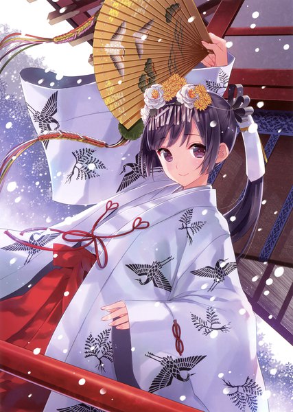 Anime picture 2489x3500 with original kasukabe akira single long hair tall image looking at viewer fringe highres black hair purple eyes ponytail traditional clothes japanese clothes hair flower scan wide sleeves official art snowing miko girl