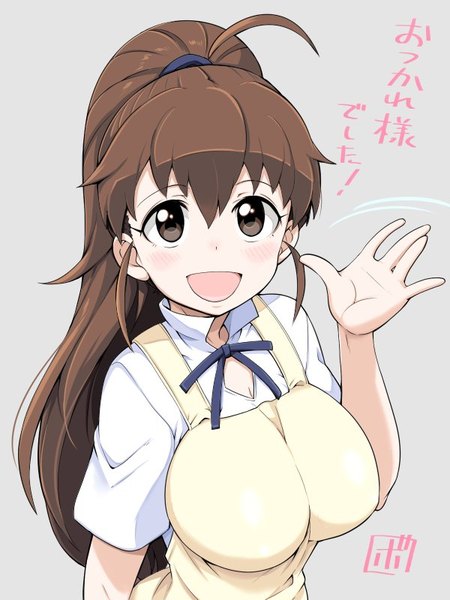 Anime picture 600x800 with working!! a-1 pictures taneshima popura bowieknife single long hair tall image looking at viewer blush fringe breasts open mouth light erotic simple background hair between eyes brown hair large breasts brown eyes ahoge ponytail