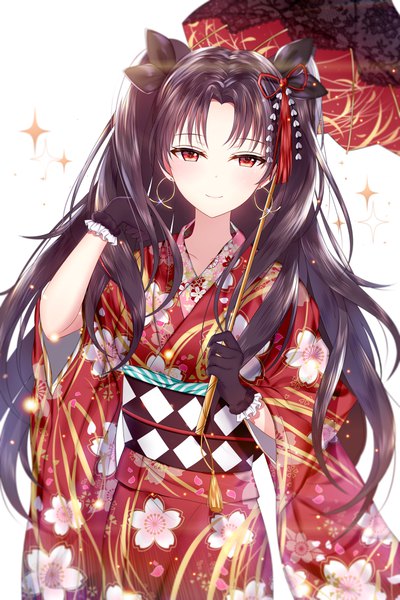 Anime picture 3000x4502 with fate (series) fate/grand order ishtar (fate) junpaku karen single long hair tall image looking at viewer fringe highres black hair simple background red eyes white background holding long sleeves traditional clothes japanese clothes light smile blurry