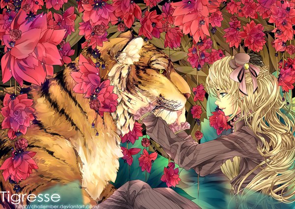 Anime picture 1024x724 with original challember single long hair blue eyes blonde hair smile looking away long sleeves lips inscription girl flower (flowers) ribbon (ribbons) hair ribbon animal headdress rose (roses) ring tiger