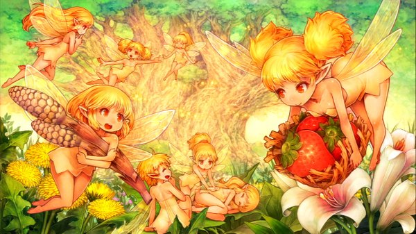 Anime picture 1280x720 with dragon's crown vanillaware tiki (dragon's crown) shigatake long hair short hair open mouth blonde hair smile red eyes wide image twintails bare shoulders multiple girls holding looking away bent knee (knees) ponytail lying eyes closed