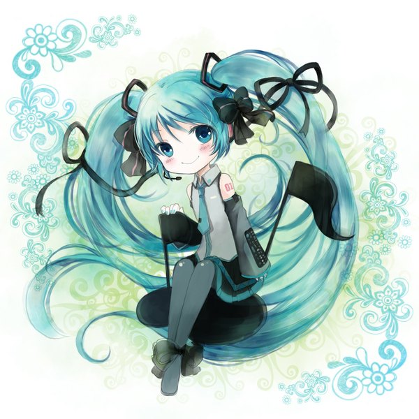 Anime picture 1000x1000 with vocaloid hatsune miku miyabi akino single looking at viewer blush smile sitting twintails bare shoulders very long hair nail polish aqua eyes aqua hair aqua nail polish girl bow detached sleeves musical note