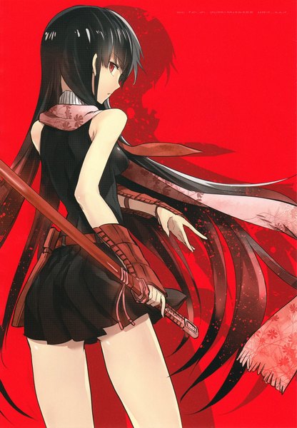 Anime picture 1200x1728 with akame ga kill! white fox akame (akame ga kill!) single tall image breasts black hair simple background red eyes bare shoulders very long hair looking back bare legs shadow sleeveless back red background girl skirt weapon