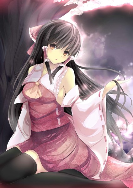 Anime picture 800x1132 with touhou hakurei reimu daiaru single long hair tall image looking at viewer open mouth black hair brown eyes traditional clothes cherry blossoms miko girl thighhighs skirt black thighhighs plant (plants) detached sleeves tree (trees)