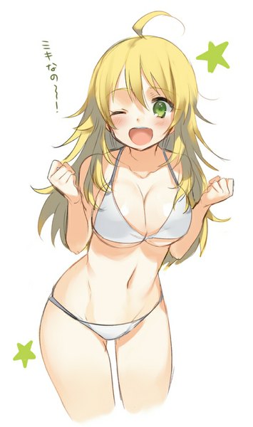 Anime picture 573x966 with idolmaster hoshii miki kippu single long hair tall image blush breasts open mouth light erotic blonde hair simple background large breasts white background green eyes looking away ahoge one eye closed wink text