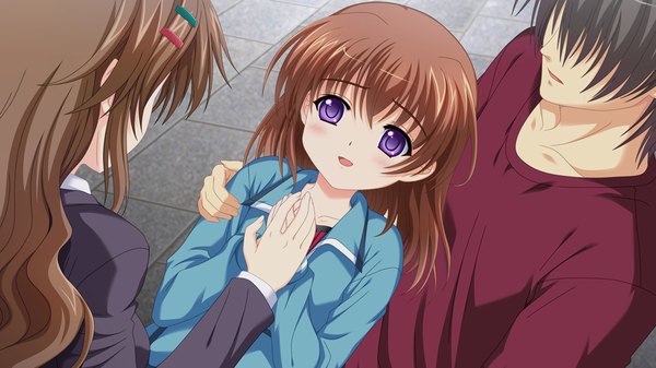 Anime picture 1024x576 with owaru sekai to birthday long hair brown hair wide image purple eyes game cg girl boy