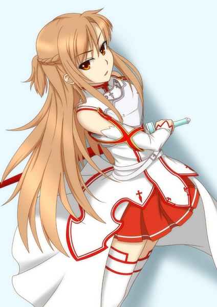 Anime picture 827x1169 with sword art online a-1 pictures yuuki asuna hima38 single long hair tall image looking at viewer brown hair brown eyes zettai ryouiki girl thighhighs weapon detached sleeves white thighhighs sword