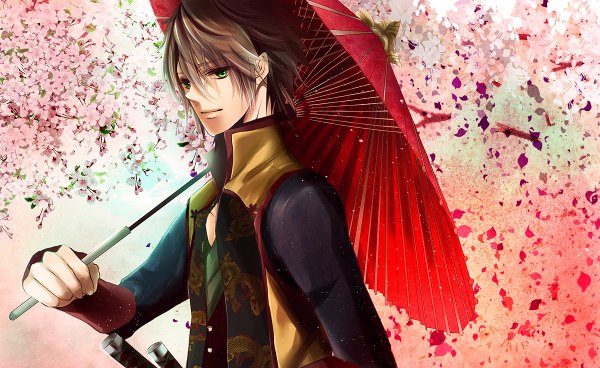 Anime picture 1200x736 with hakuouki shinsengumi kitan studio deen okita souji (hakuouki) short hair brown hair wide image green eyes japanese clothes cherry blossoms boy weapon sword umbrella