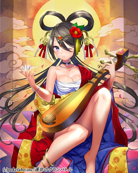 Anime picture 801x1000 with fuji minako single long hair tall image looking at viewer light erotic black hair purple eyes one eye closed hair flower girl hair ornament flower (flowers) bandage (bandages) musical instrument pipa (instrument)