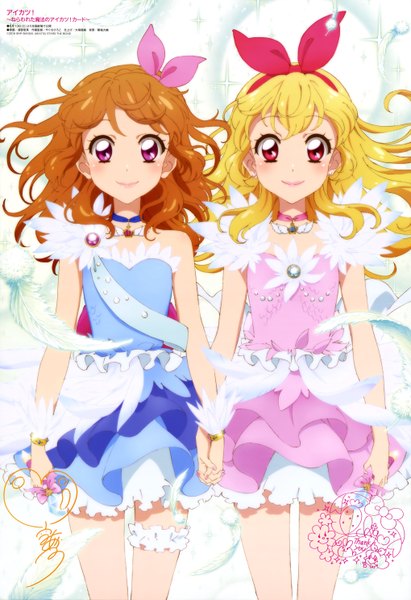 Anime picture 4079x5942 with aikatsu! hoshimiya ichigo oozora akari watanabe satomi long hair tall image blush highres blonde hair smile red eyes purple eyes multiple girls absurdres orange hair official art holding hands girl dress bow