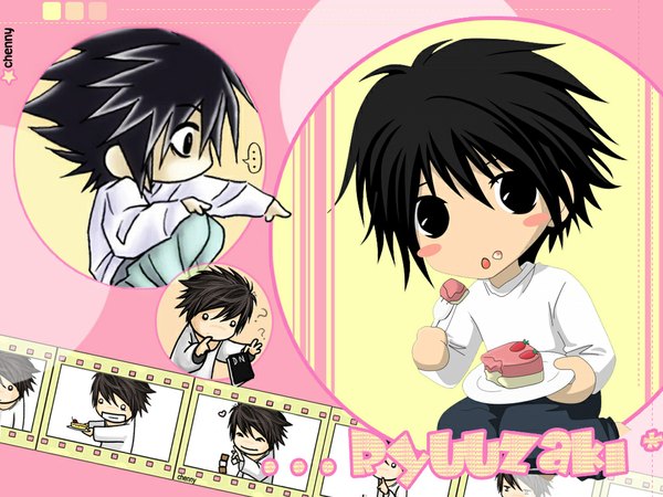 Anime picture 1024x768 with death note madhouse l (death note) black hair black eyes eating chibi o o boy sweets cake