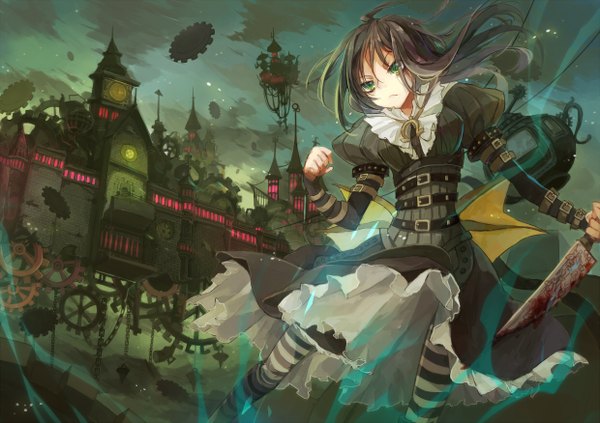 Anime picture 1240x876 with american mcgee's alice (game) alice: madness returns alice (american mcgee's) yayin (yayin233) single long hair black hair green eyes girl thighhighs dress weapon belt striped thighhighs knife castle gears horseshoe flying castle