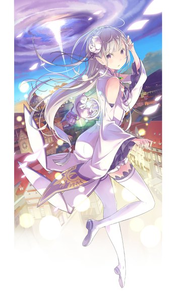 Anime picture 1988x3250 with re:zero kara hajimeru isekai seikatsu white fox emilia (re:zero) puck (re:zero) ootsuka shin'ichirou single long hair tall image looking at viewer blush highres purple eyes sky silver hair cloud (clouds) full body outdoors braid (braids) parted lips looking back