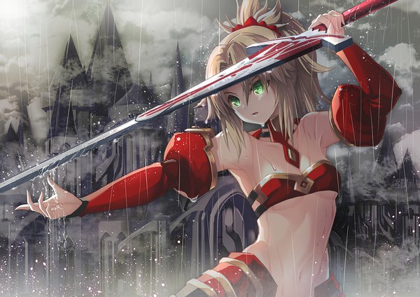 Anime picture 1169x827 with fate (series) fate/apocrypha mordred (fate) suishougensou single fringe short hair breasts open mouth light erotic blonde hair standing holding green eyes payot looking away cleavage upper body ponytail outstretched arm