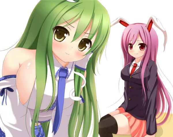 Anime picture 1356x1075 with touhou kochiya sanae reisen udongein inaba chimunge long hair looking at viewer blush breasts light erotic simple background red eyes white background sitting bare shoulders multiple girls yellow eyes purple hair green hair bunny ears bunny girl